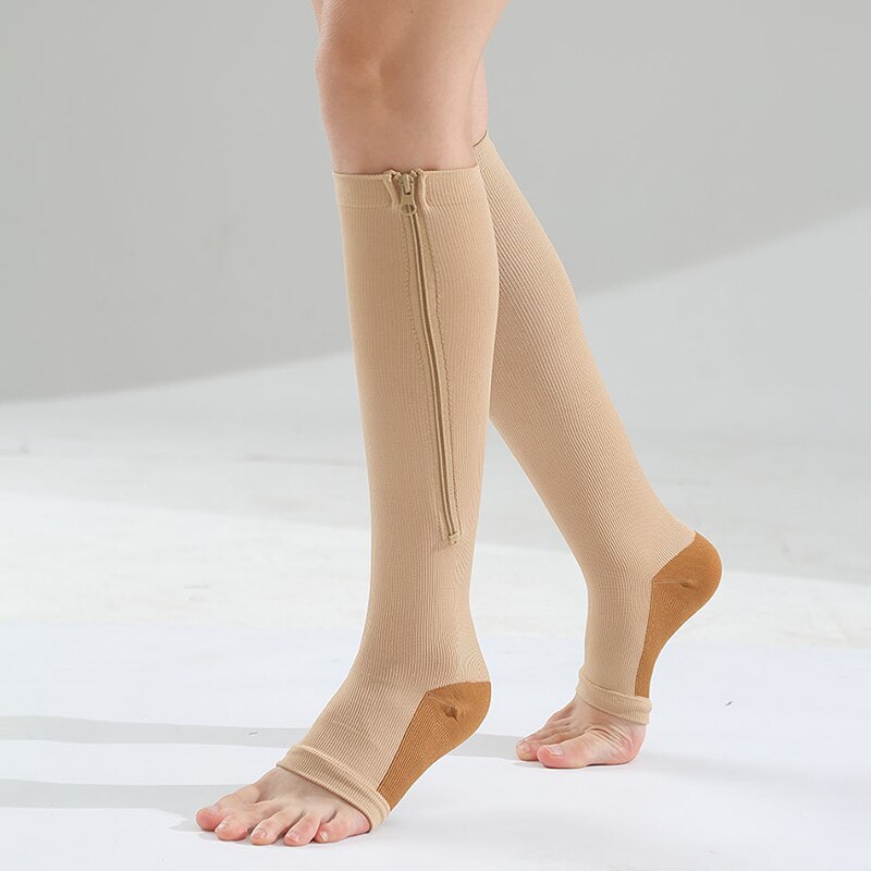 Chaussettes de Compression pour hommes et femmes, chaussettes de soutien du genou, fermeture éclair, bout ouvert, fines, Anti-Fatigue, chaussettes hautes, extensibles, unisexes,: nude / M