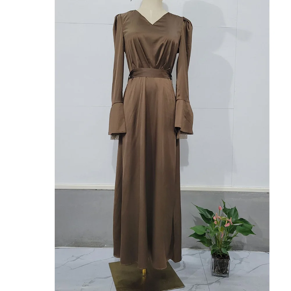 Ramadan Silky muslim Abaya Muslim Dress female big swing Islamic Kaftan Robe Musulman Abaya with belt