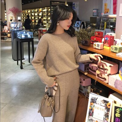 Women Cashmere Sweater Two Piece knitted Sets Slim Tracksuit Spring Autumn Sweatshirts Sporting Suit Female: Army Green / M