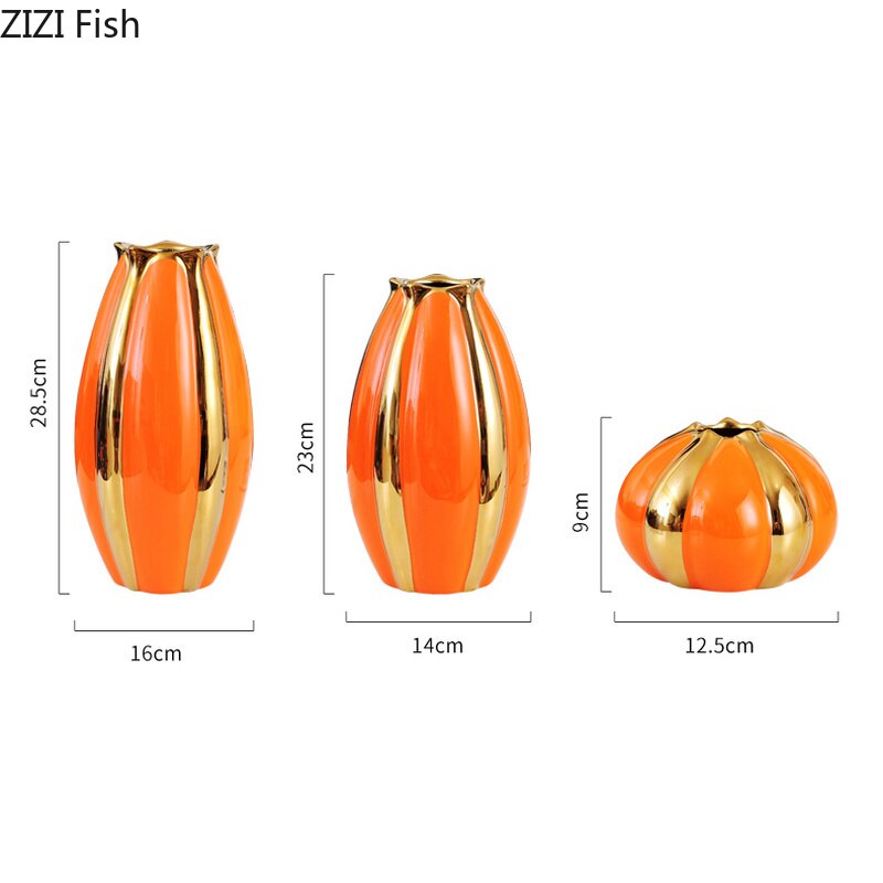 Luksus oransje gresskar keramisk vase gullbelagt kunstig blomst blomster hjemme dekorasjon stue skrivebord blomst vase