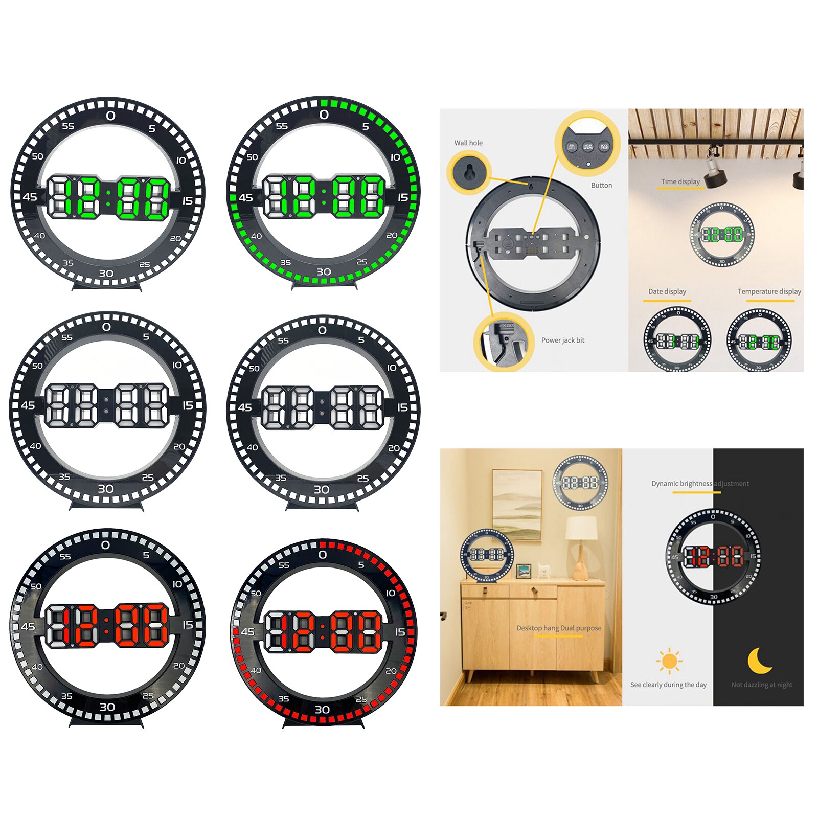 Modern 12'' Digital Wall Clock 12/24 Hour Electronic Clock Home Clocks