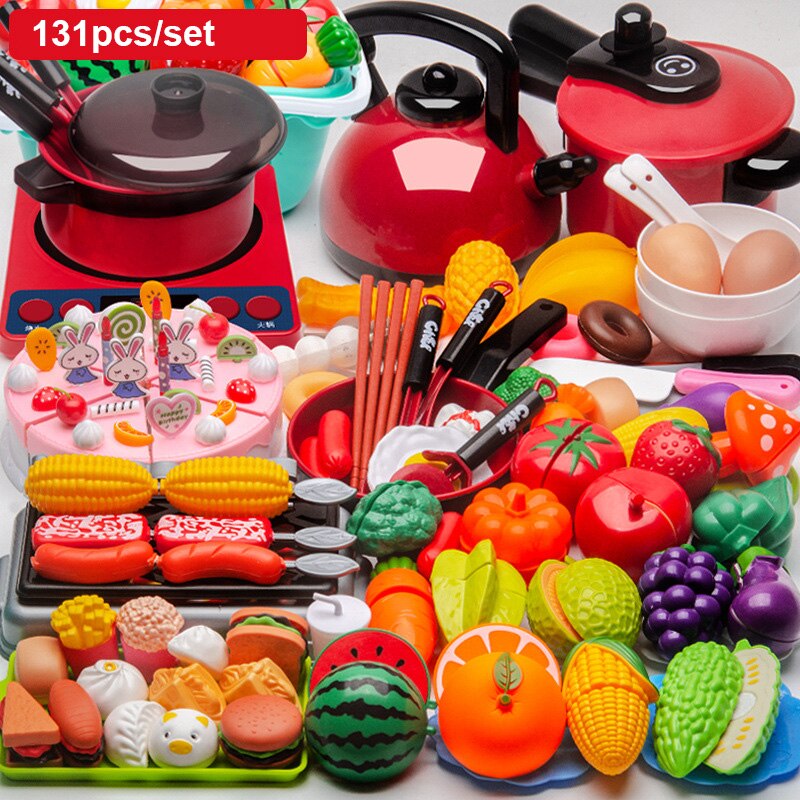 Zabawki kuchenne dla dzieci symulacja kuchenny owoc jedzenie garnek Pan dzieci udawaj zagraj w zestaw kuchenny zabawki dla dziewczynek lalka jedzenie czerwone: 131pcs
