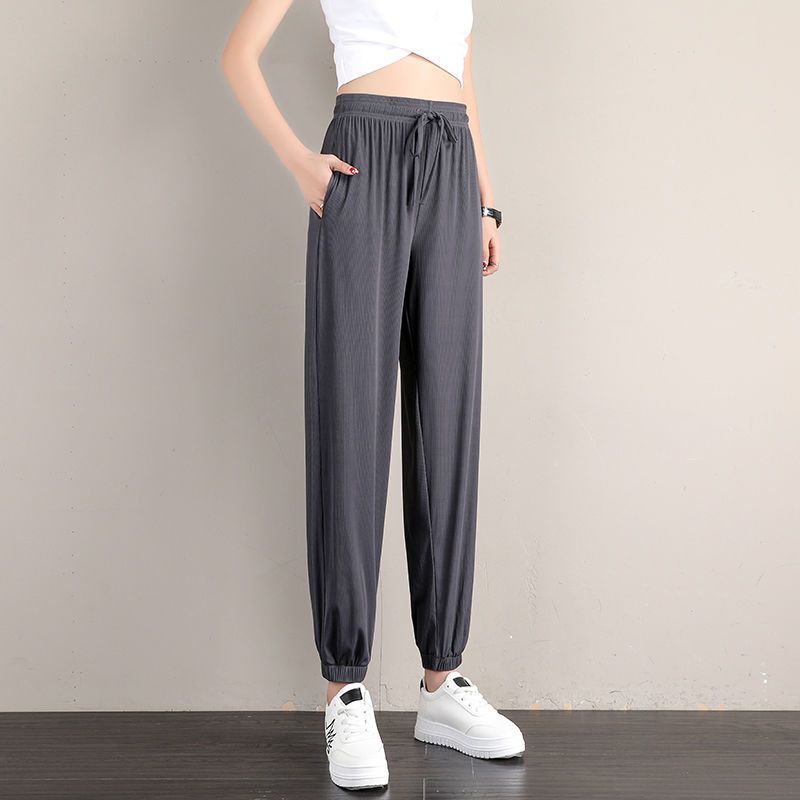 Zomer Vrouwen Sport Broek Ice Zijde Effen Cool Loszittende Dunne Casual Broek Draperen Afslanken Grote-Size breed-Been Bloeiers: grey / L
