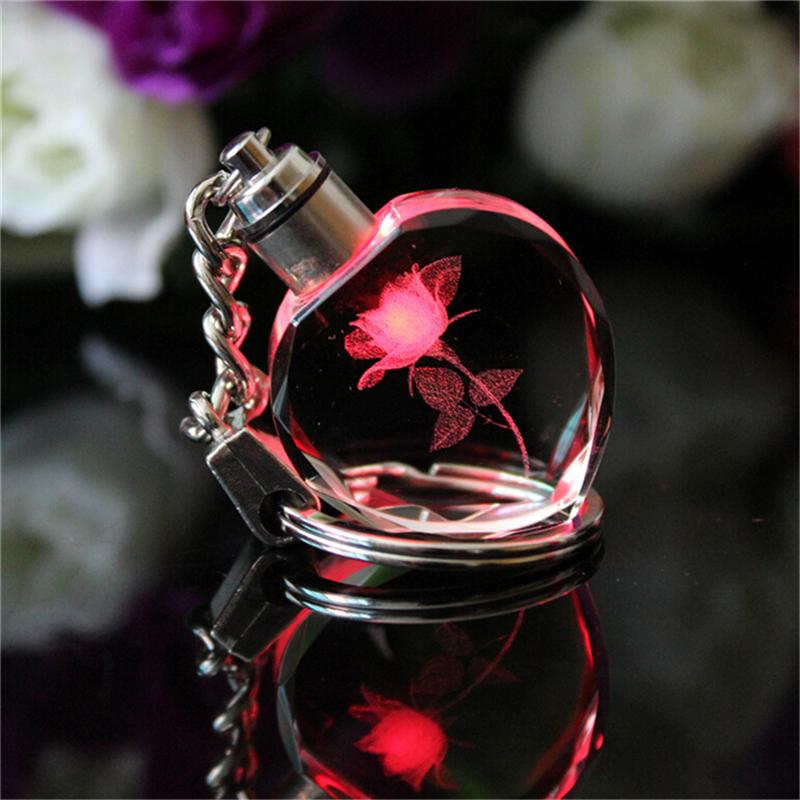 Rose blomst krystal nøglering med led lys nøgleringe glødende lysende krystal rose hjerte nøglering nøgleringe nøgleringe skrivebordsæt