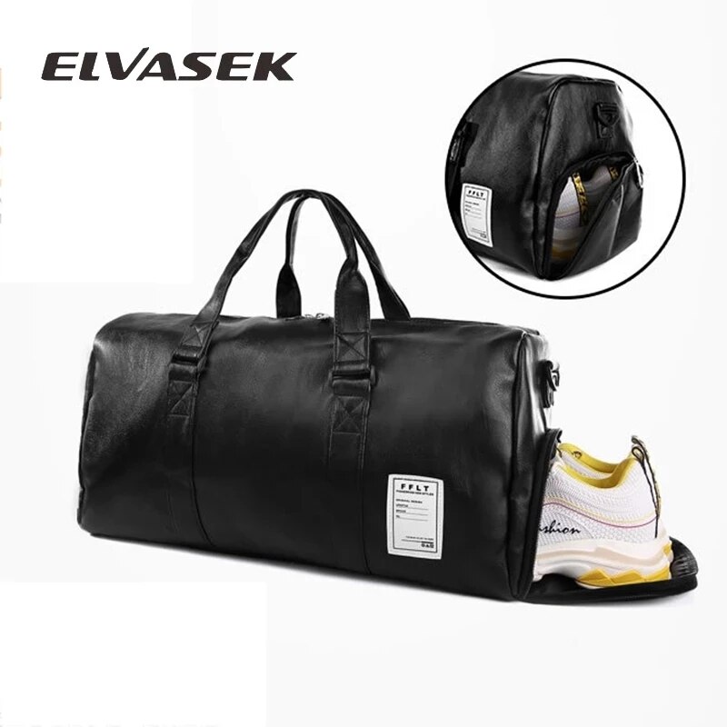 Elvasek resväska med stor kapacitet kvinnor svart pu läder par gymväskor handbagage för män duffle bag