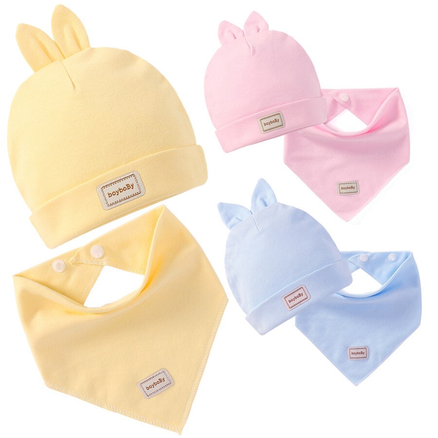 0-3Month Baby Hoed Slabbetjes Jongen Meisje Mutsen Leuke Pure Kleur Oren Motorkap Baby Hoeden Peuter Kids Katoen Kwijlen Handdoek Outdoor cap