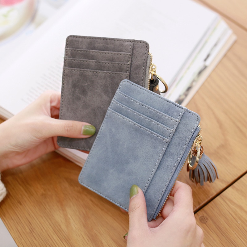 Matt Leather Mini Tassel Women Card Holder Cute Credit ID Card Holders Zipper Wallet Case Change Coin Purse Keychain Nubuck