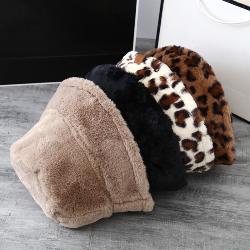 Korea kvinder efterår vinter vintage leopard plys bucket cap faux fur plys sød dejlig fisker hat varm kasket dame
