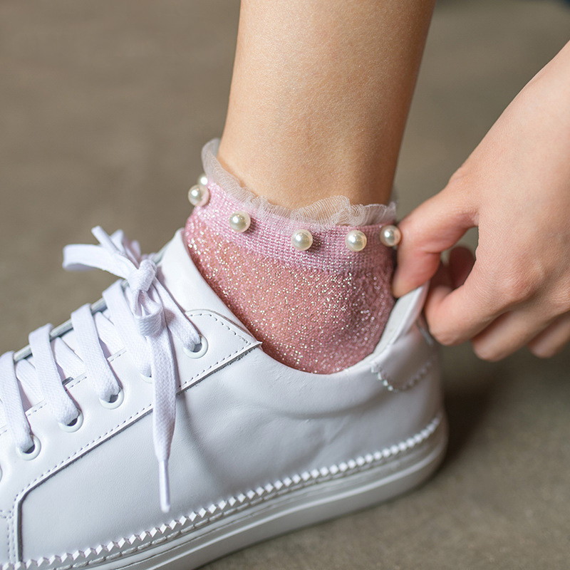 Chaussettes courtes en soie argentée et perles pour femmes, socquettes avec cristaux fins,