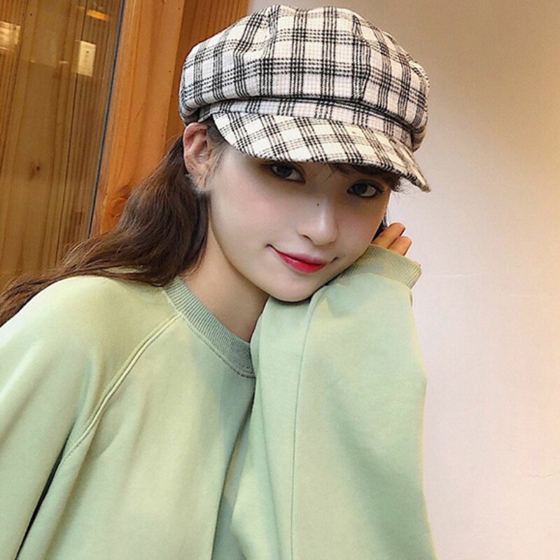 HT2612 Spring Autumn Women Hats Vintage Plaid Octagonal Newsboy Cap Retro Ladies Beret Hat Cotton Artist Painter Hat Women Beret