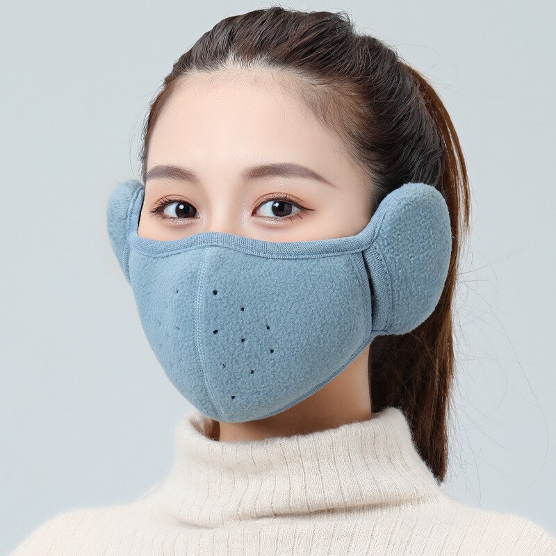 Winter Unisex Breathable Holes Mask Cold-Proof Thermal Mask Earmuffs Two-In-One Wrap Band Ear Warmer Outdoor Riding Ear Muff: Light Blue