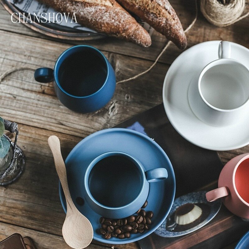 Chanshova enkelhet enfärgad keramisk kaffemugg och fat 210ml tekoppsset mjölkmugg dricksredskap porslin porslin  g082
