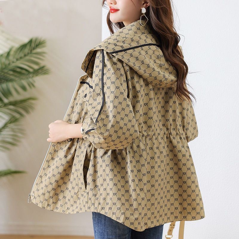 Impressão com capuz gabardina outerwears cordão cintura comprimento médio tamanho grande 4xl solto trench coats coreano casual feminino blusão