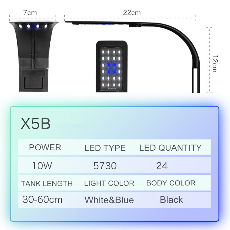 Super Slim Led Aquarium Licht Verlichting Planten Groeien Licht 5W/10W/15W Aquatic Plant Verlichting waterdicht Clip-On Lamp Voor Fish Tank: X5B White Blue Light