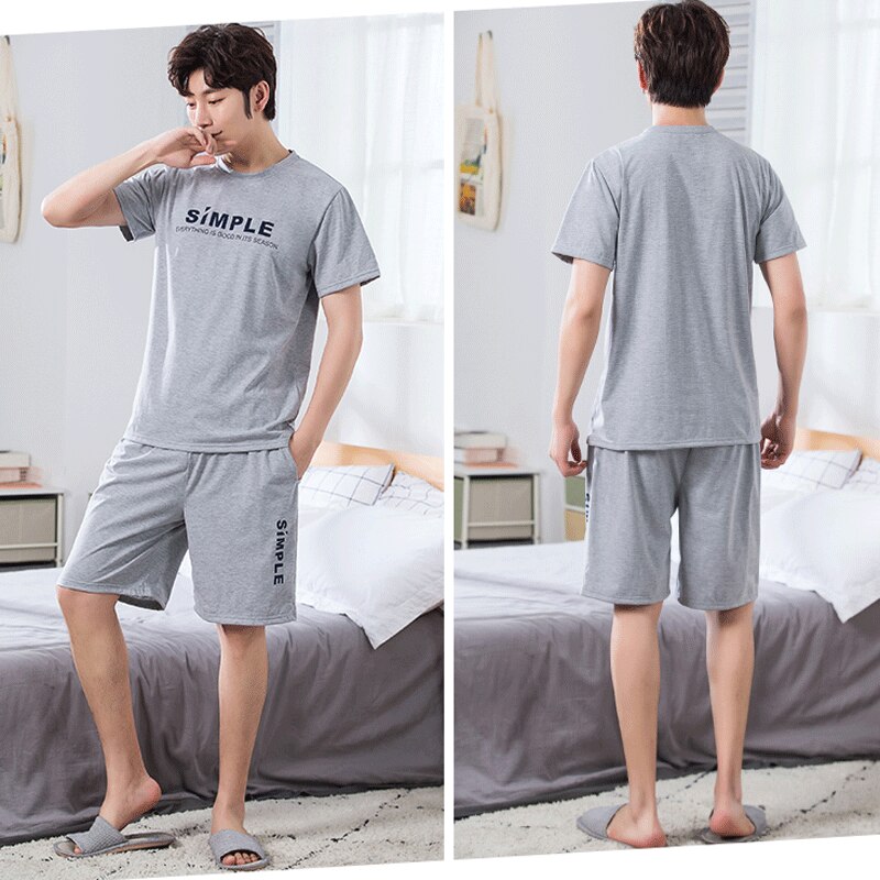 Yidanna Men Pajamas Set Knitted Cotton Nightwear Short Sleeved Sleepwear Summer Sleep Clothing Letters Nighties Nightdress Suit