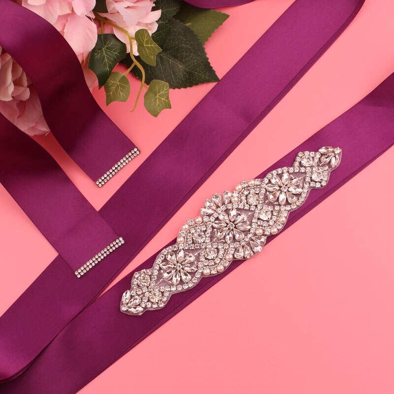 Trouwriem, kristallen bruidsriem, zilveren strass-satijnen bruidsriem voor bruiloftsaccessoires