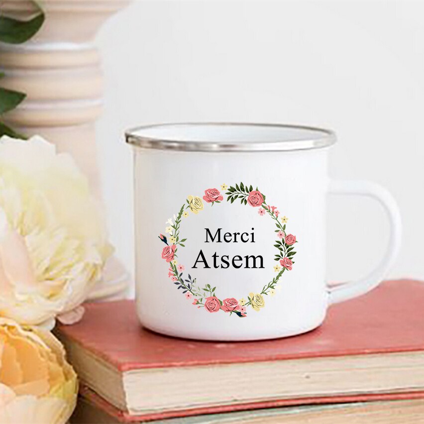 Merci atsem blomma tryck muggar kaffe te koppar drycker vatten mjölk kopp emalj mugg skolhandtag drinkware atsem: Xh10042-a015wh-8