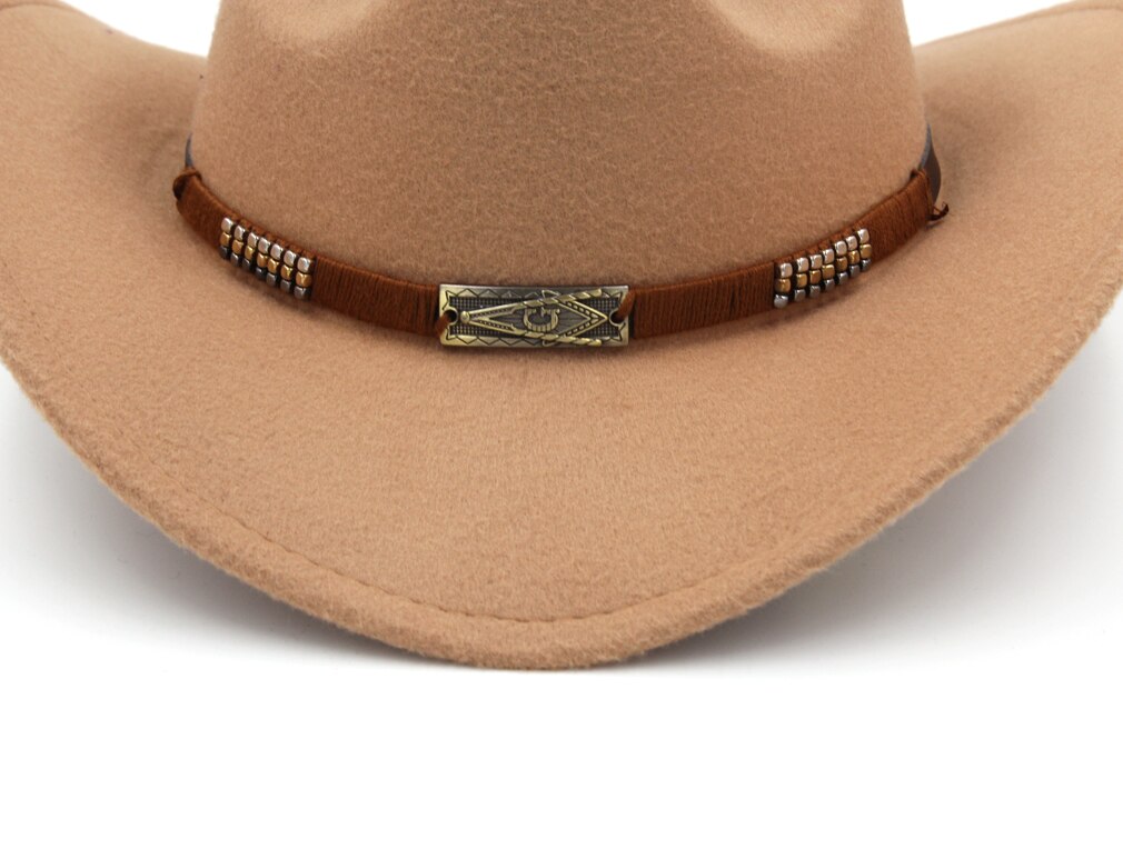 Mistamanecer Estilo Vintage Otoño Invierno sombrero de cowboy del oeste de ala ancha Cowgirl Riding Cap con banda trabajada a mano tamaño 56-58cm