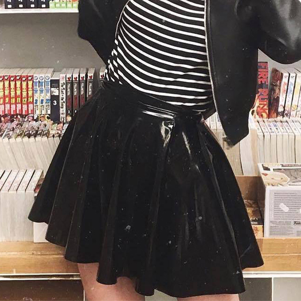 Falda plisada de cuero de PVC con aspecto húmedo brillante para mujer, minifaldas de baile, color negro liso, línea A, para y discoteca