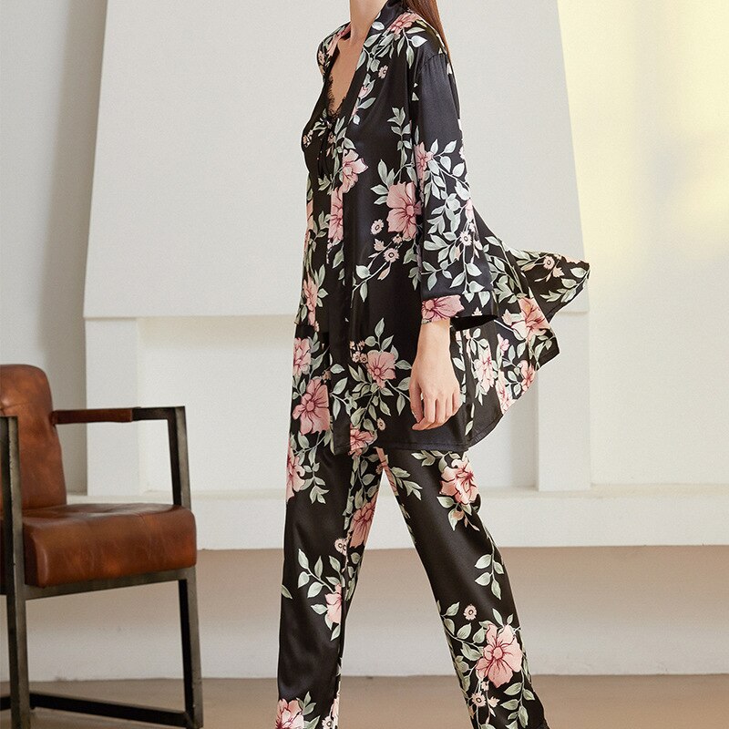 Ensemble trois pièces en Satin pour femmes, vêtements de maison, manches longues, pantalon, quatre saisons, imprimé Floral noir