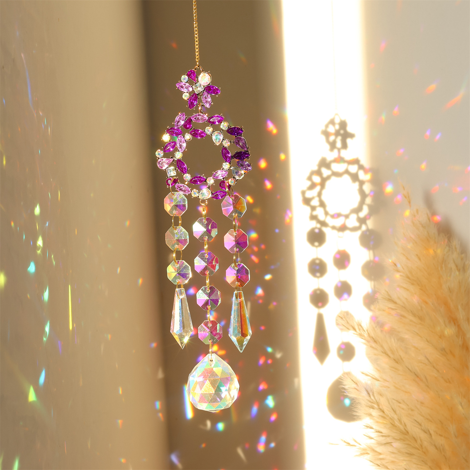 Crystal Diamond Moon Sun Catcher Butterfly Lotus Rainbow Christmas Decoration Home Garden Decoration Wind Chime: plum