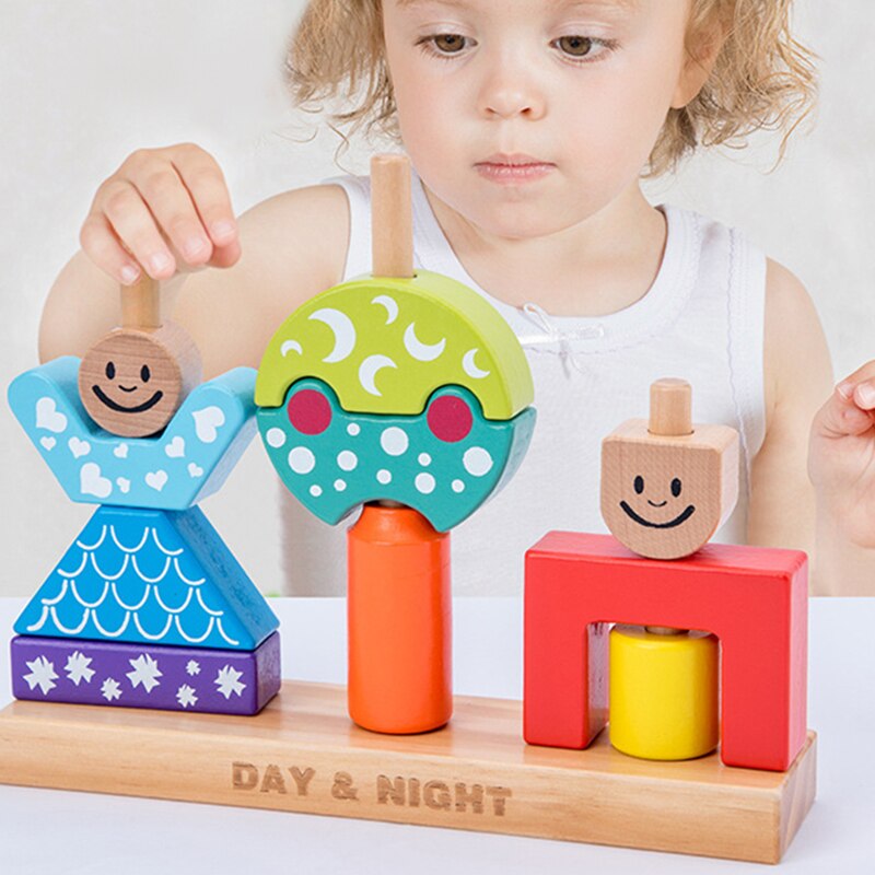 Houten speelgoed voor kinderen, zon & maan, dag & nacht, pilaarblokken, vroeg leren, baby, verjaardag, kerstmis, educatief speelgoed voor kinderen
