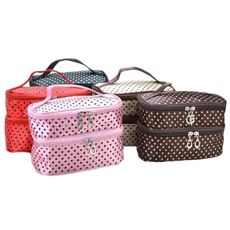 Saco de maquiagem de dupla camada portátil com zíper saco de cosméticos feminino caso beleza bolsa multifuncional moda dot print saco de produtos de higiene pessoal