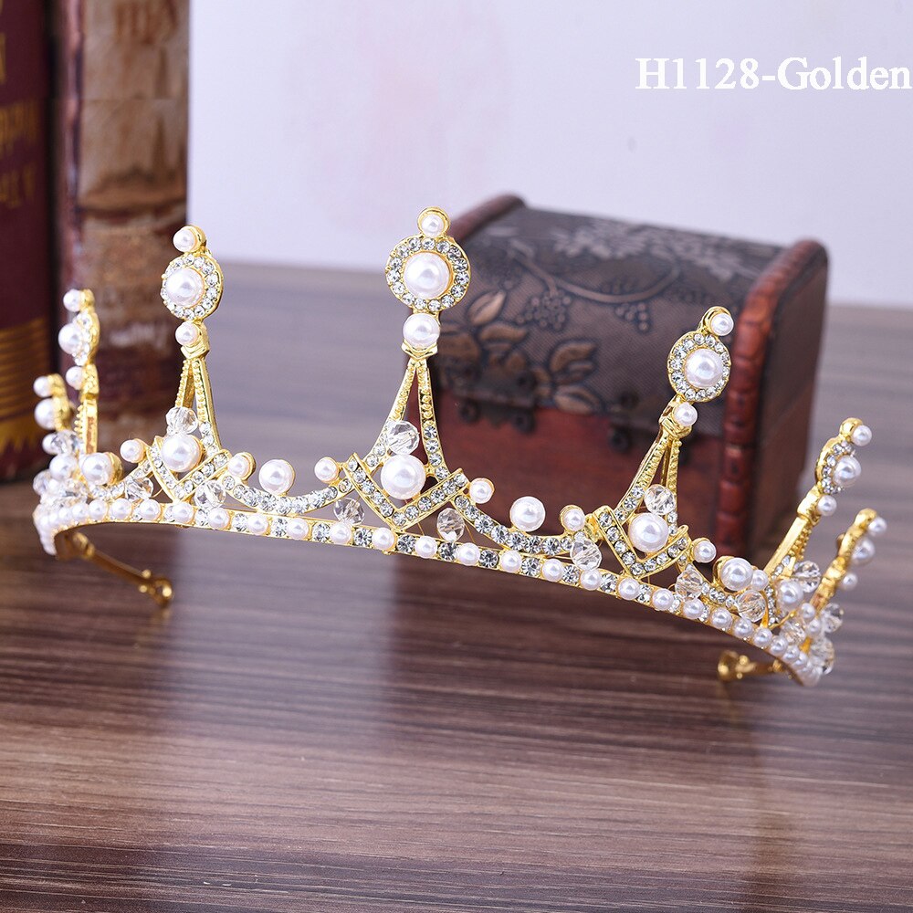 Traugel-couronne de mariée en or, diadème de luxe, couronne de mariage, accessoires de bijouterie pour femmes: H1128-Golden