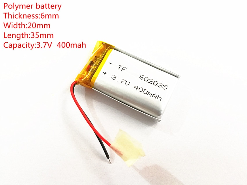 Polymer batterij 400 mah 3.7 V 602035 smart home MP3 luidsprekers Li-Ion batterij voor dvr, GPS, mp3, mp4, mobiele telefoon, luidspreker