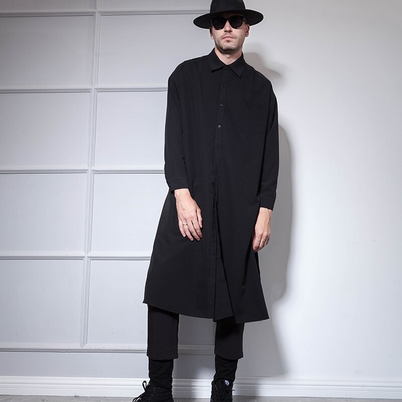 Super Lange Mannen Lange Mouwen Over De Knie Lange Shirt Europese En Amerikaanse Street Style Losse Hip hop Persoonlijkheid Jeugd