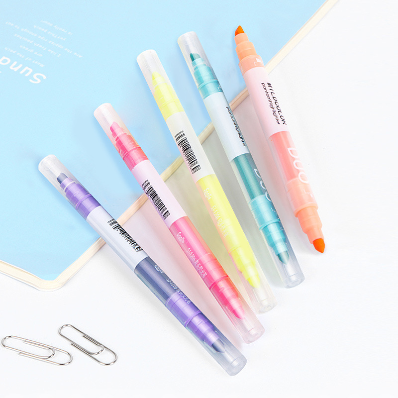 8 pcs/set Korean Dual Head Mildcolor Highlighters Art Markers Fluorescent Color Pen Fine Liner School Office Stationery