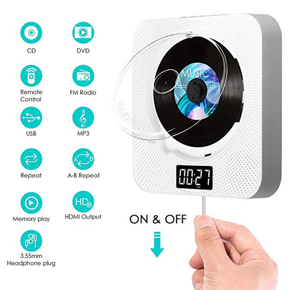 Reprodutor de DVD/CD Montado na Parede com Controle Remoto Bluetooth, Rádio FM Estéreo, Música HiFi e Alto-falante Integrado para TV e Casa - Dropshipping