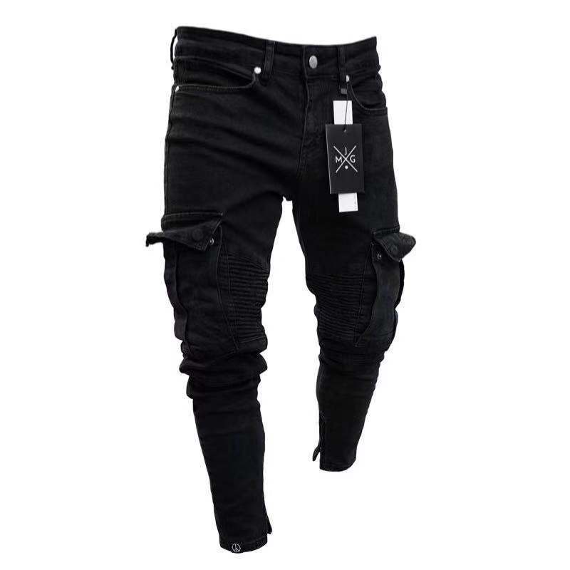 Hommes extensible maigre déchiré jean hommes poche latérale lavé mince Denim pantalon Biker jean pantalons de survêtement Hip Hop pantalon survêtement