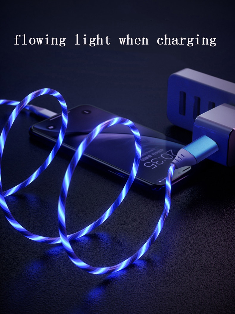 1m usb phone charging cable flowing light charging cord led wire for micro usb type c Illuminated Fast charger