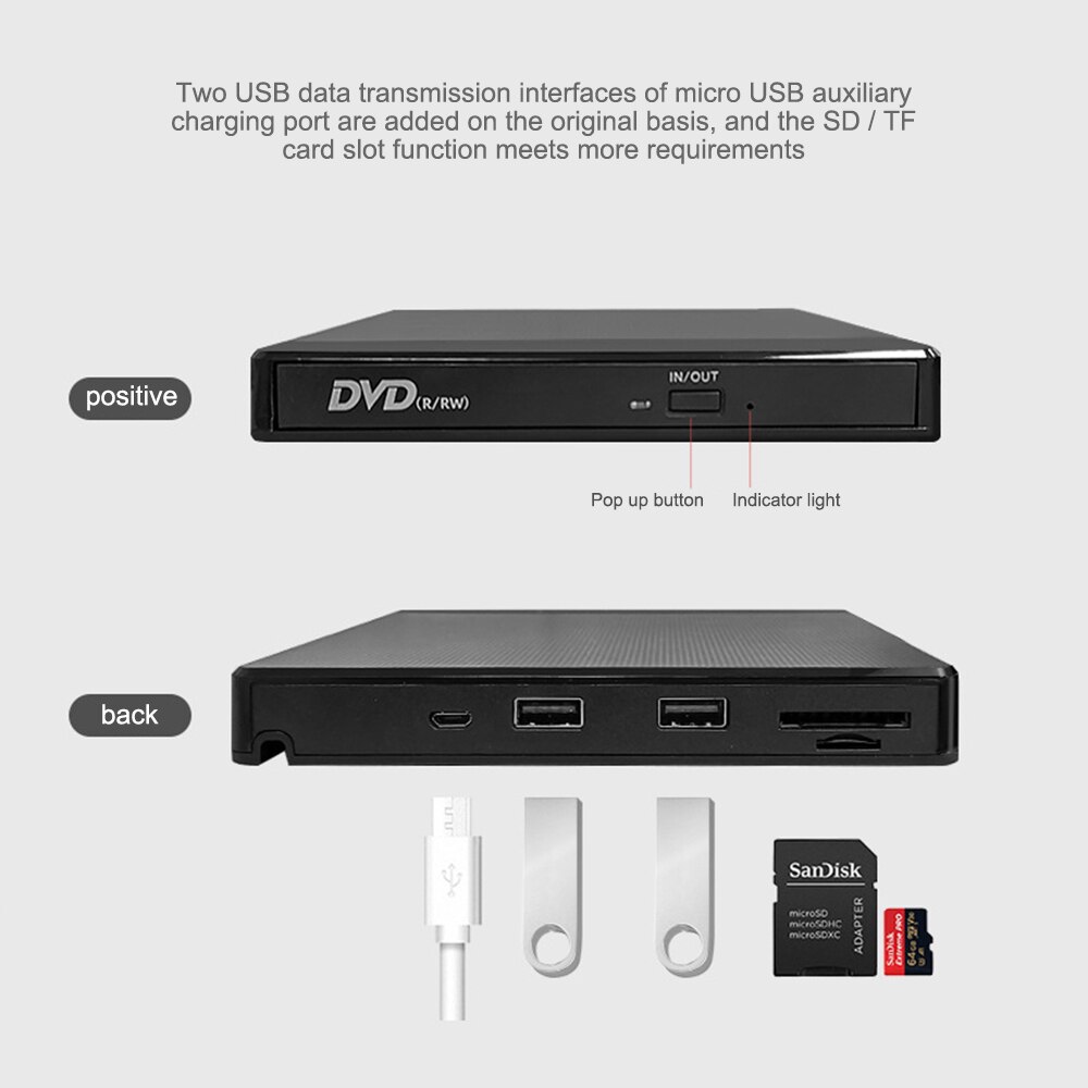 Lecteur optique externe USB, graveur de CD/DVD de Type C, lecteur de carte TF/SD, haute vitesse, pour Windows et Linux