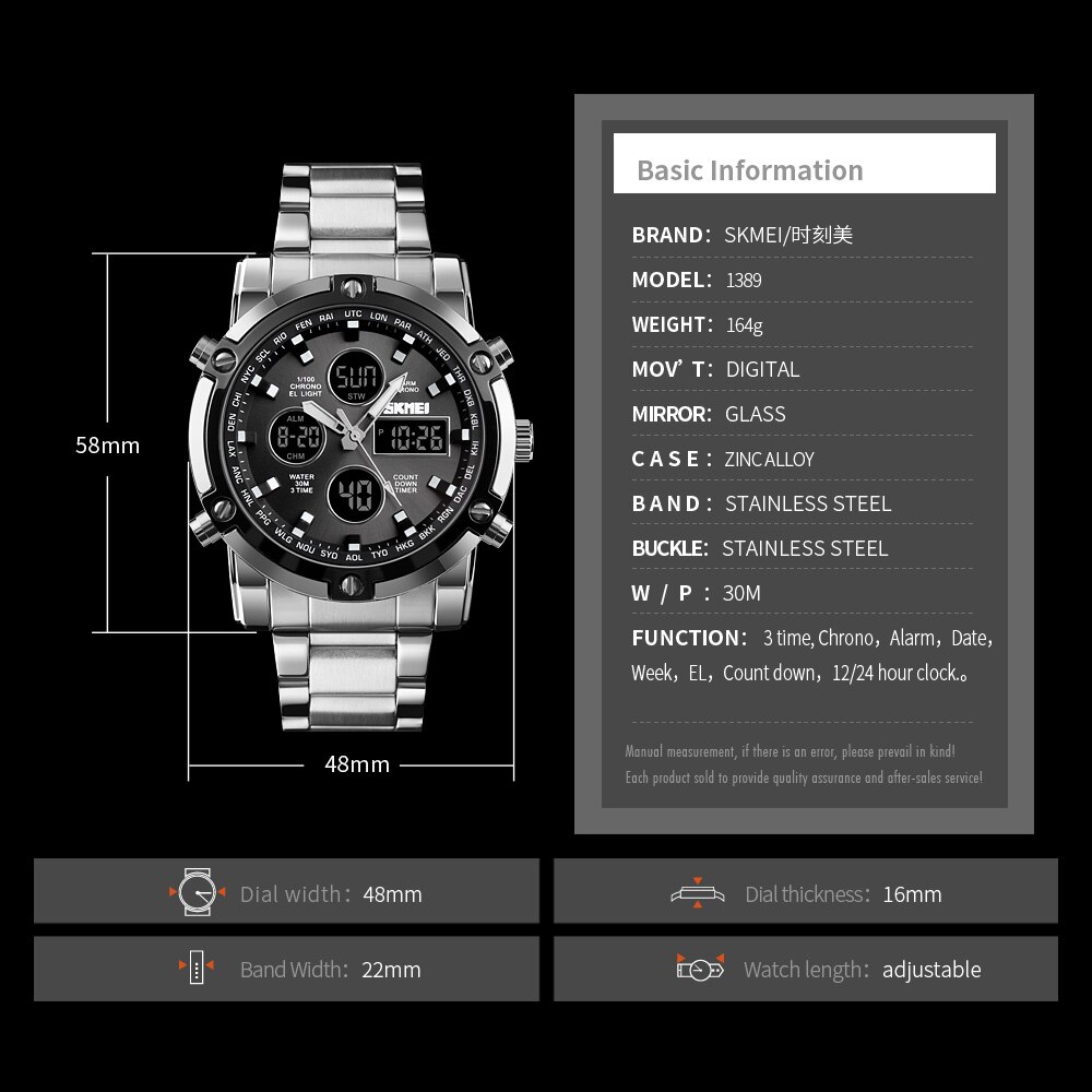 Skmei 3-malige Hintergrund beleuchtung Digitaluhren Herren Vollstahlband-Quarz-Armbanduhr Countdown-Uhr relogio maskulino