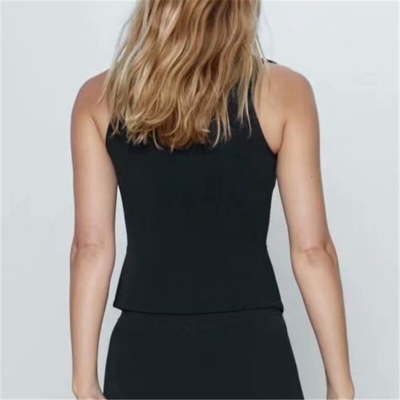 Elegante Frauen Geschmack Mantel Weste Damen V-ausschnitt Taille-Gesteuert Panzer Streetwear Weibliche schick Feste Schwarz Weste
