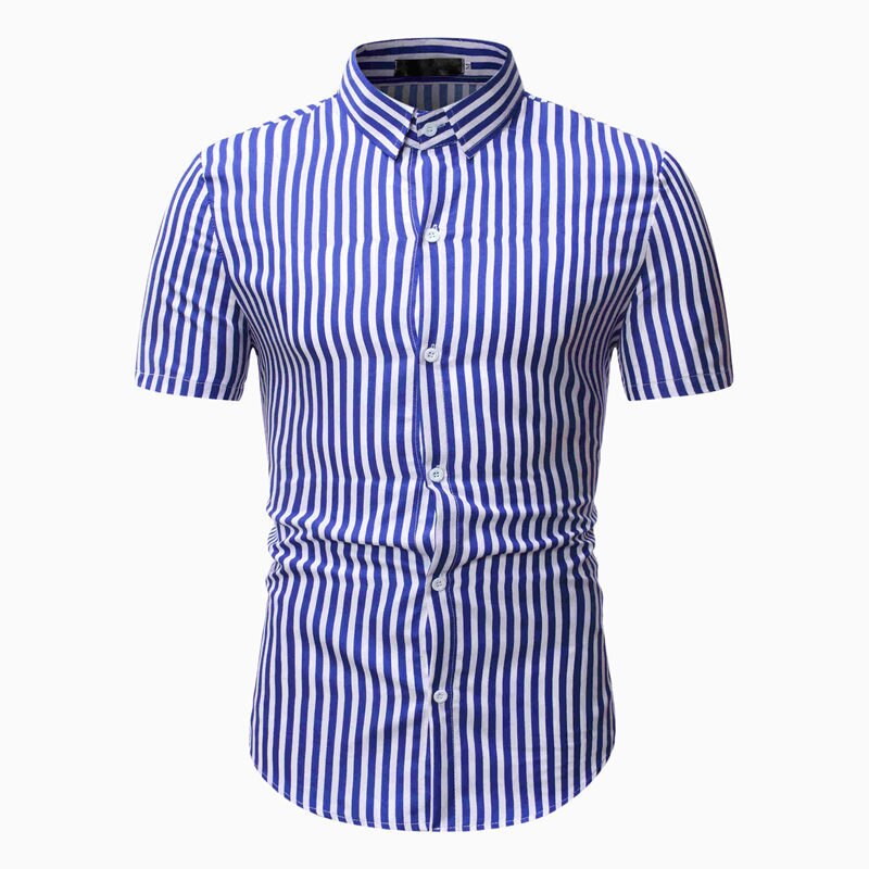 Blå hvide lodrette striber herreskjorter korte ærmer casual slim fit skjorte sommer toppe herre chemise homme