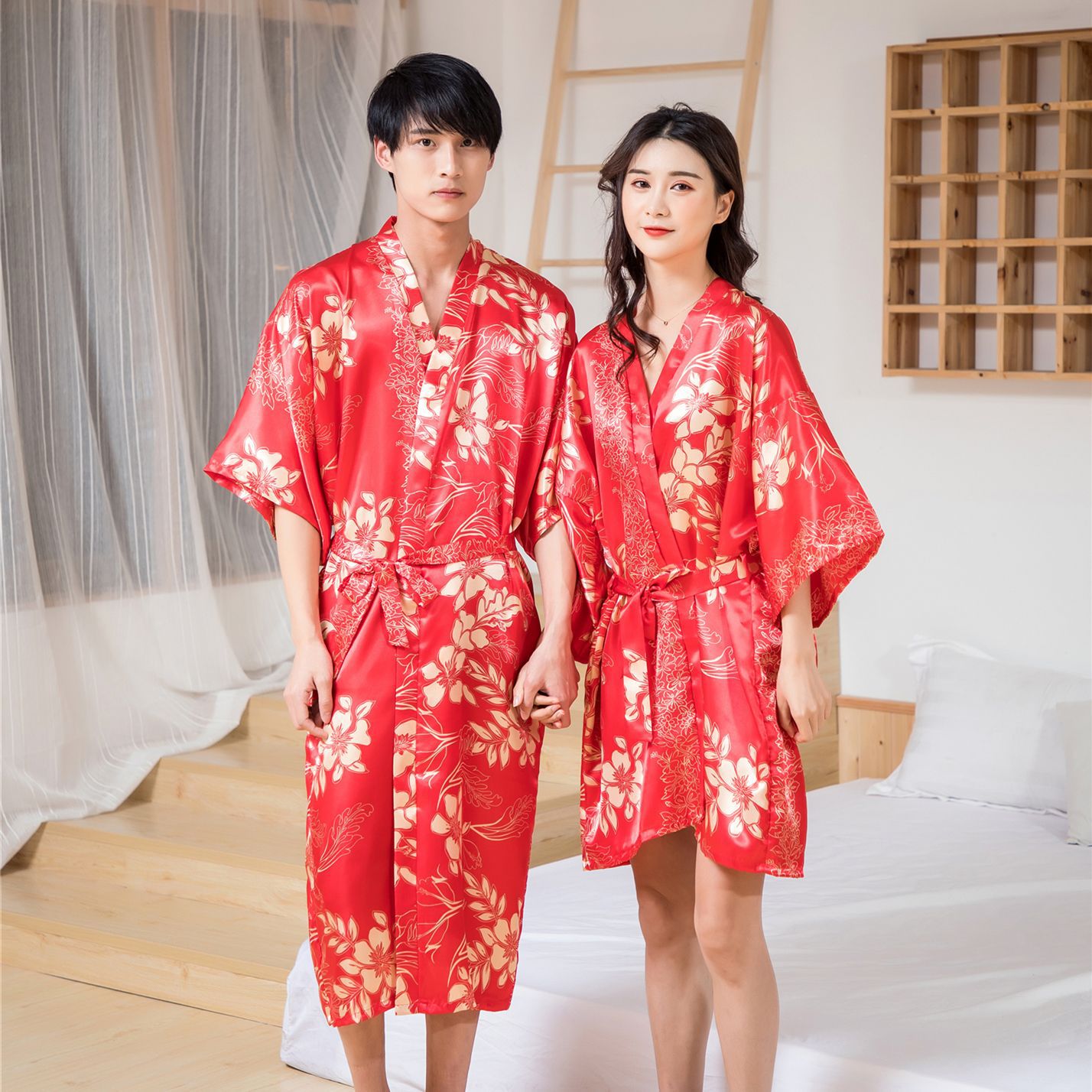 Japanse Traditionele Kleding Voor Paar Vrouwen Mannen Aziatische Gouden Gedrukt Kimono Vest Mode Nachtkleding Pyjama Yukata Gewaad: Couple2