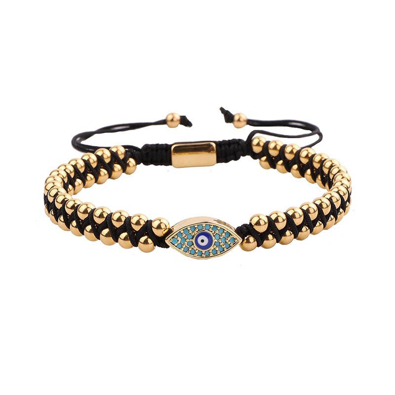 femmes hommes Bracelet en acier inoxydable perles bleu CZ oeil breloque tressé macramé perlé Bracelet d'amitié chanceux: Gold