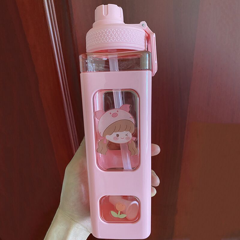 Kawaii Bär Pastell Wasser Flasche Mit 3D Aufkleber 700ml/900ml Kunststoff Reise Tee Saft Milch Tragbare Nette Shaker Trinken Flasche: Rosa 2 / 900ml