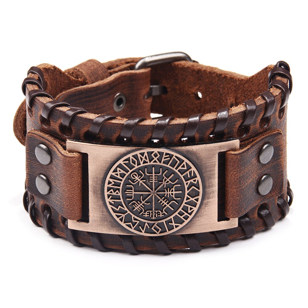 Wikinger Armbinde Nordischen Vegvisir - nordisch Armbinde mit Runic Kompass-keltisch heidnisch Schmuck für Männer Ehemann freund: echt Leder rot