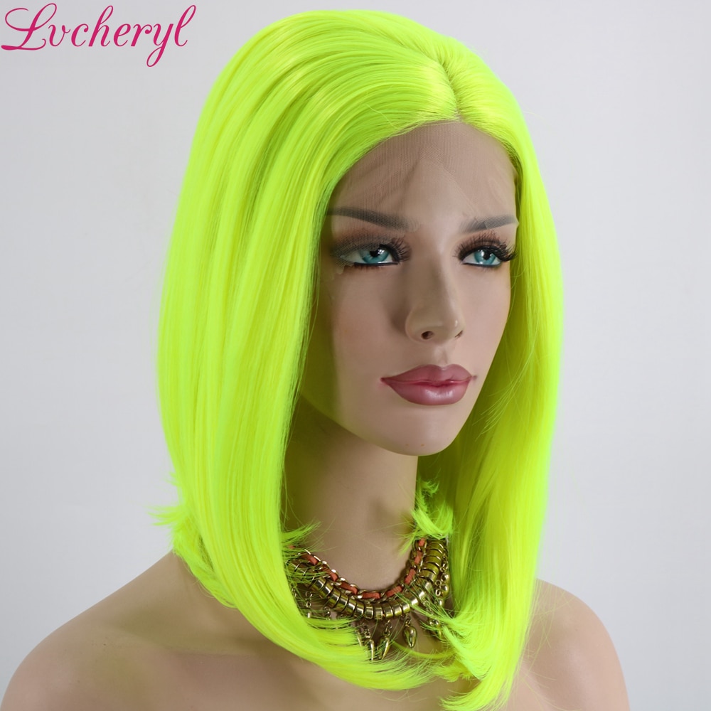 Lvcheryl neon gul färg värmebeständigt kort hår peruker syntetisk spets front peruker cosplay fest smink peruker för sommaren