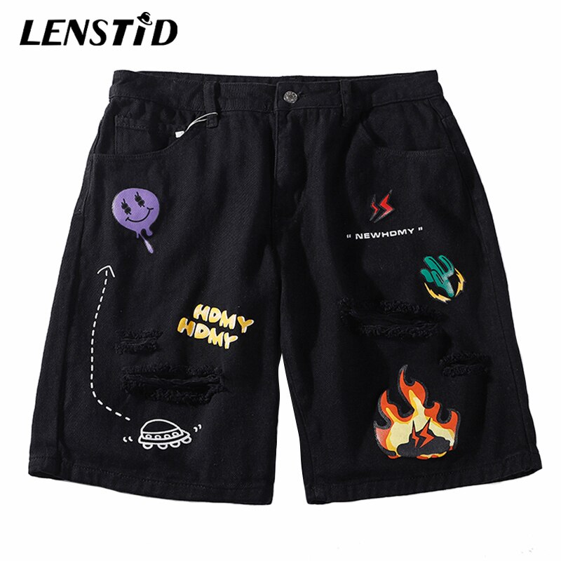 LENSTID été feu flamme Cactus imprimé détruit déchiré Baggy Denim Shorts Harajuku Streetwear Hip Hop Jeans décontractés pantalons courts