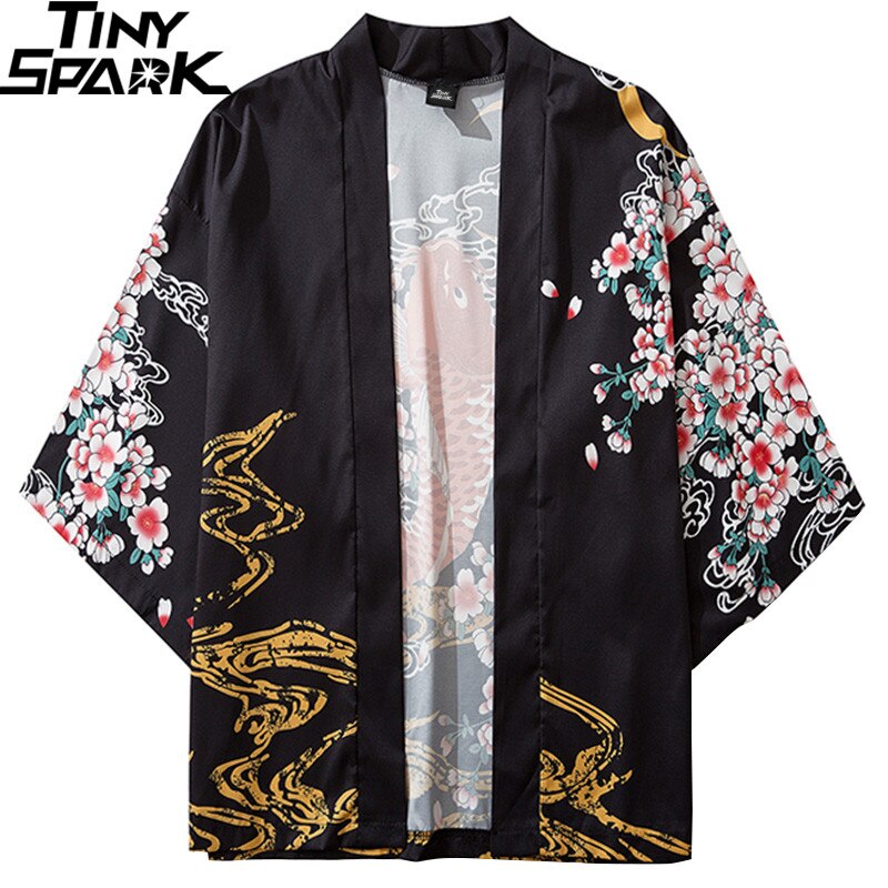 Harajuku japonais Kimono veste Koi poisson imprimé Hip Hop hommes japon Style Streetwear veste été mince vêtements Kimono ample
