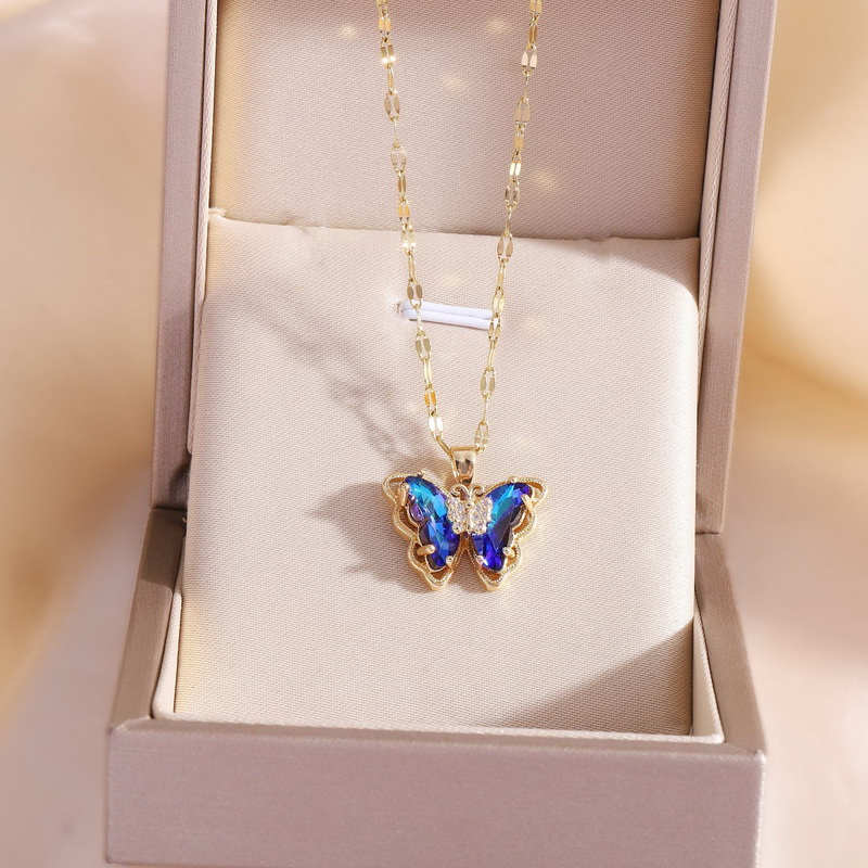 Nova moda de luxo zircão borboleta pingente colar para mulheres meninas aço inoxidável clavícula corrente feminino elegante festa jóias: Luz de Cor Amarela
