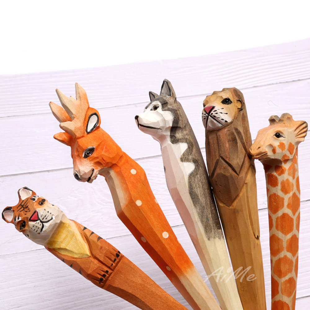 1Pc Coloffice Handmade Wood Carving Pets Animal Yellow Cat Ballpoint Pen Office Stationery School Writing Supplies