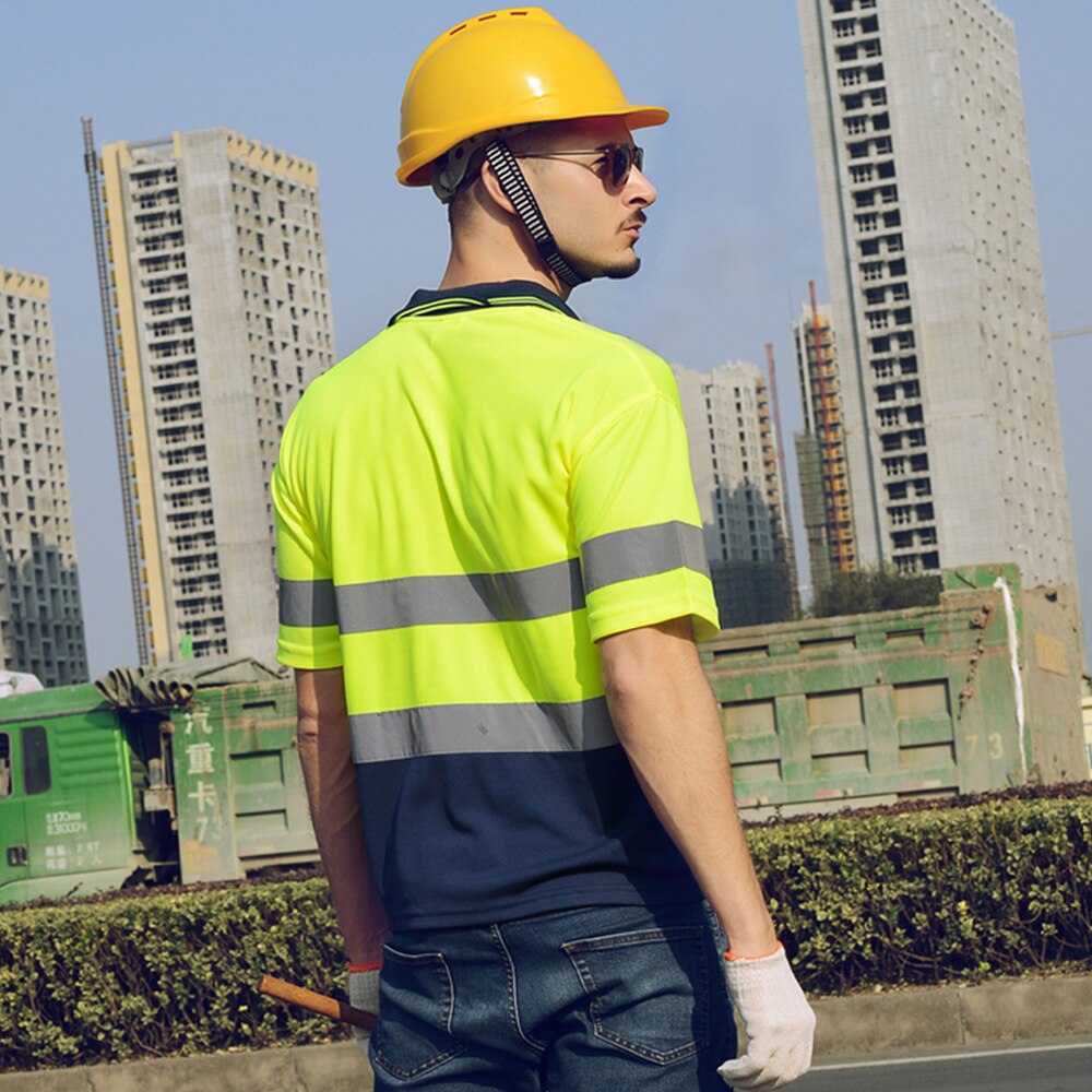 Camiseta de seguridad de alta visibilidad, camisa de manga corta para hombre con cuello de costilla, tira reflectante de 3M, Amarillo Neón Navy ANSI/ISEA EN20471