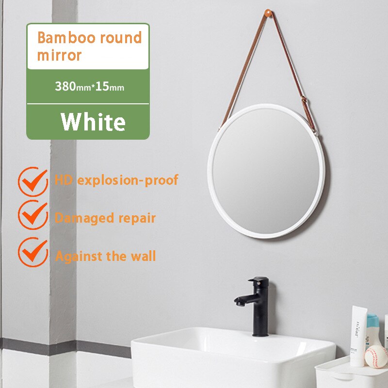 Espejo de pared redondo colgante para baño, marco de bambú sólido y correa de cuero ajustable, decoración de dormitorio, espejo redondo de maquillaje: White 38cm
