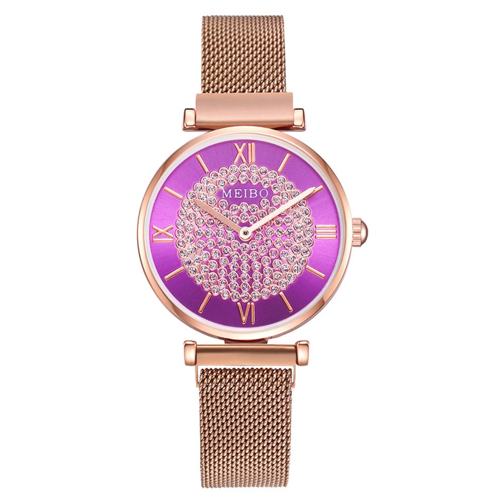 Luxe dameshorloges met strass, roségouden magnetische dameshorloges voor dames, armbandhorloge, damesklok, relogio feminino: Paars 